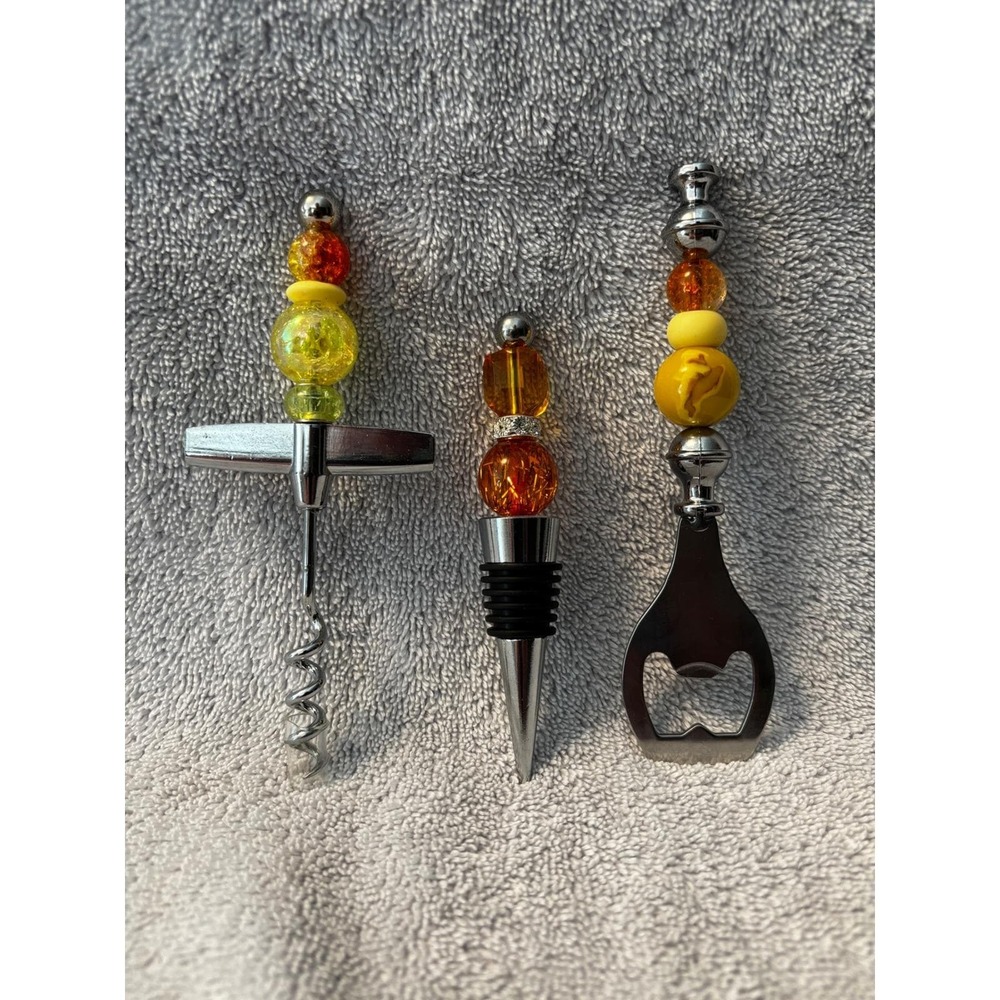 Yellow Orange Beaded 3pc Bar Set Corkscrew Bottle Stopper Opener Chrome‎ Finish